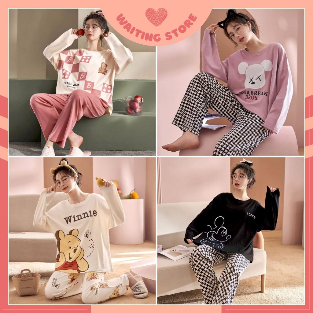 Đồ Mặc Nhà Dễ Thương, Bộ Ngủ Nữ Cotton Thun Áo Dài Quần Dài Nhiều Họa Tiết DDTT06