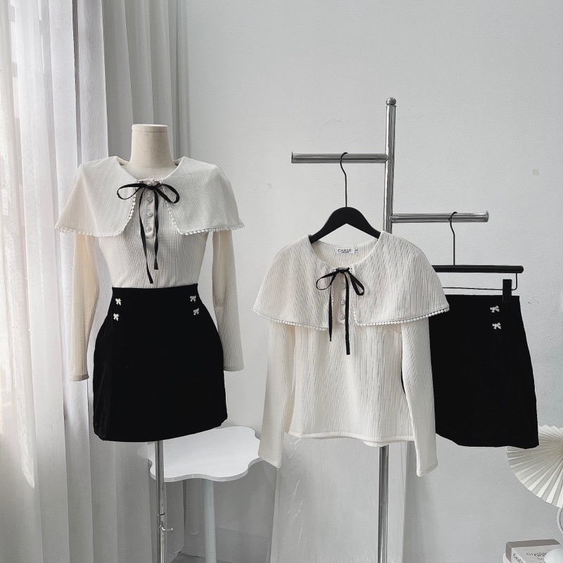 Set Áo Len Viền Ren Cổ Sen Mix Chân Váy Nhung Kèm Tang Nơ Cót Lót, Set Bộ Tiểu Thư Hàng QC CC MS 18