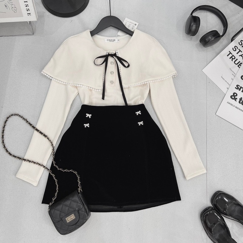 Set Áo Len Viền Ren Cổ Sen Mix Chân Váy Nhung Kèm Tang Nơ Cót Lót, Set Bộ Tiểu Thư Hàng QC CC MS 18