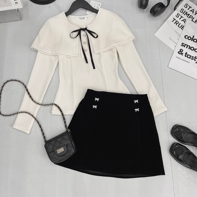 Set Áo Len Viền Ren Cổ Sen Mix Chân Váy Nhung Kèm Tang Nơ Cót Lót, Set Bộ Tiểu Thư Hàng QC CC MS 18