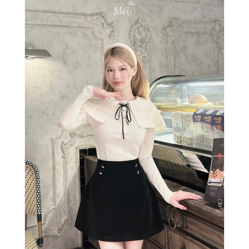 Set Áo Len Viền Ren Cổ Sen Mix Chân Váy Nhung Kèm Tang Nơ Cót Lót, Set Bộ Tiểu Thư Hàng QC CC MS 18