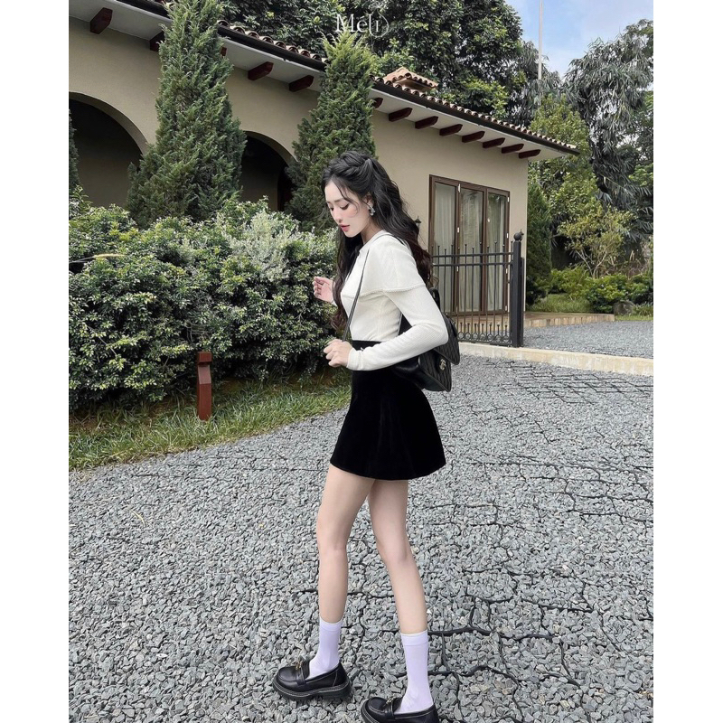 Set Áo Len Viền Ren Cổ Sen Mix Chân Váy Nhung Kèm Tang Nơ Cót Lót, Set Bộ Tiểu Thư Hàng QC CC MS 18