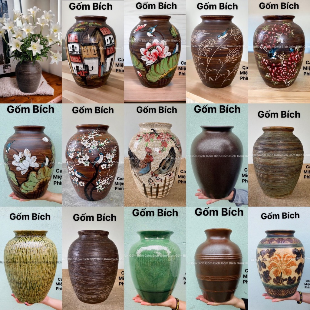 Bình Hoa Lọ Hoa Dáng Chum Men Mộc - Gốm Sứ Bát Tràng
