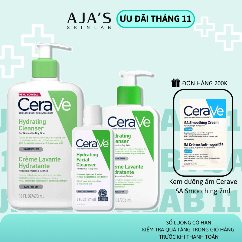 Sữa rửa mặt Cerave Hydrating Cleanser làm sạch sâu dành cho da thường và da khô 88ML/236ML/473ML - AJA'S SKINLAB