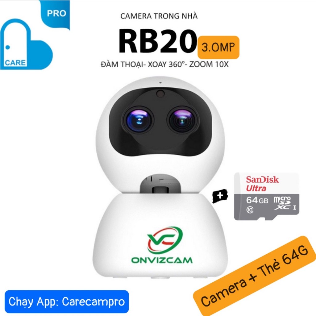 Camera Wifi Carecam RB20 Ống kính kép Zoom 10x, Đàm Thoại 2 chiều, Xoay 360đ, Chạy App: CarecamPro