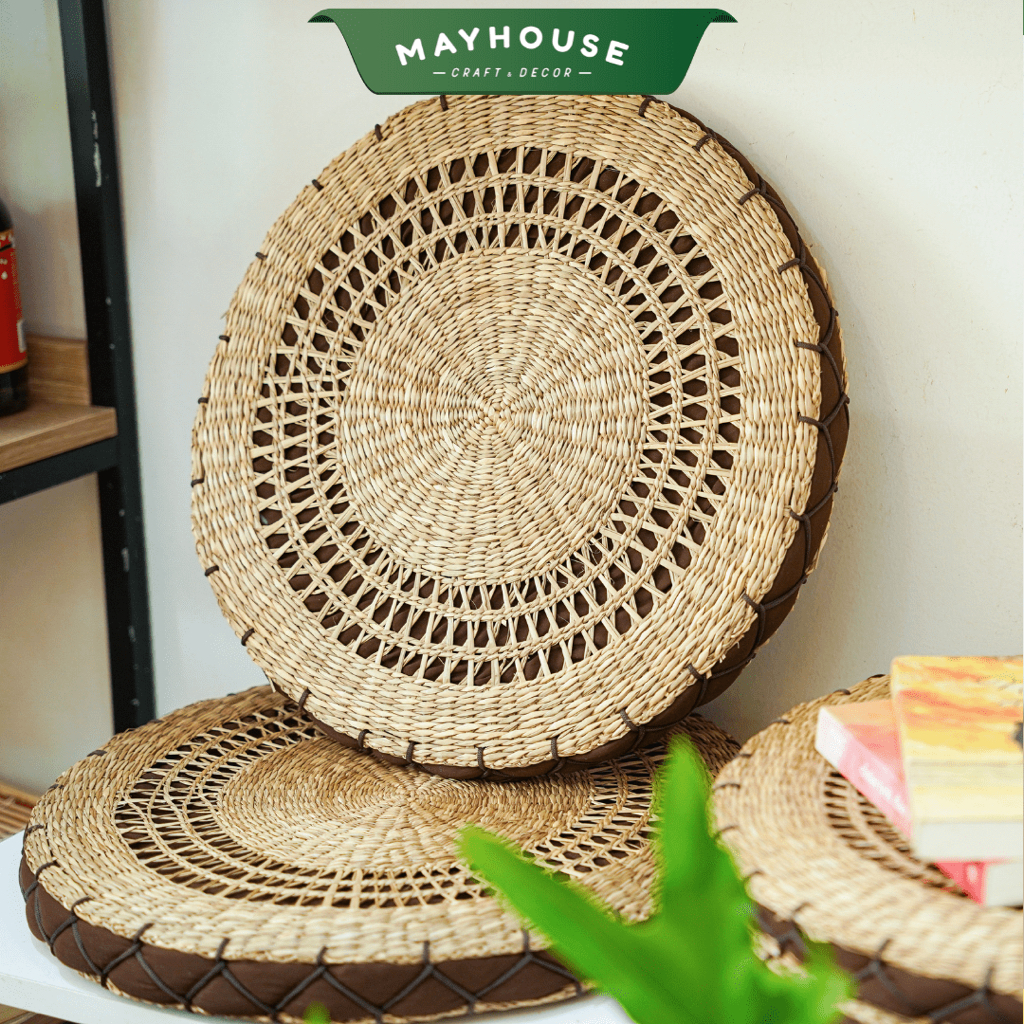 Đệm ngồi bệt cói tròn MAYHOUSE CRAFT&DECOR ruột vải nâu, có lót ngồi thư giãn