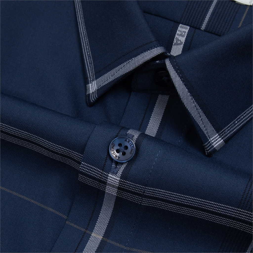 Áo sơ mi nam dài tay ARISTINO ALS01703 vải sợi tre cao cấp màu xanh tím than kẻ trắng dáng ôm tà lượn không túi ngực