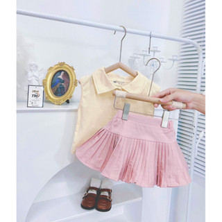 Xả Set áo trắng sát nách TSNXL kèm chân váy hồng xếp ly cho bé gái