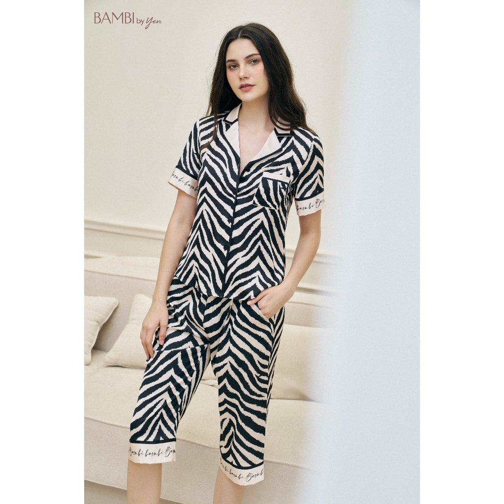 Set bộ nữ Bambi tay cộc quần lửng cổ pyjama hoạ tiết vằn trẻ trung,mặc siêu sang M1086 - BB1086