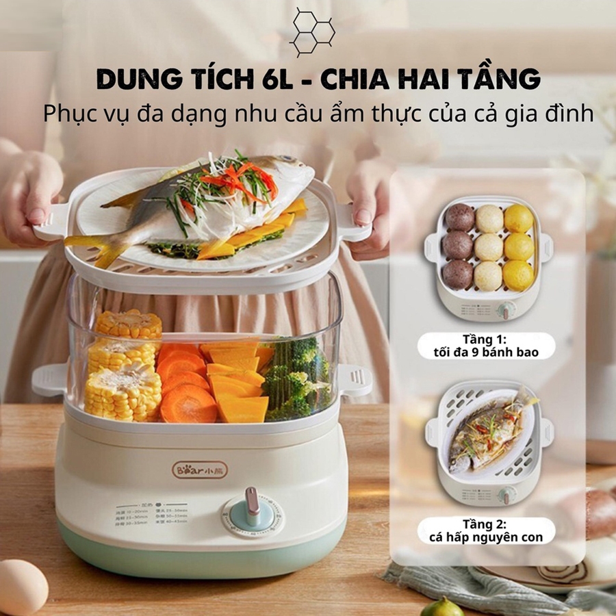 Nồi hấp điện 3 tầng Bear 12L khay hấp Inox, Nồi hấp xôi, hấp bánh bao, hấp đồ ăn dặm cho bé – Hàng chính hãng