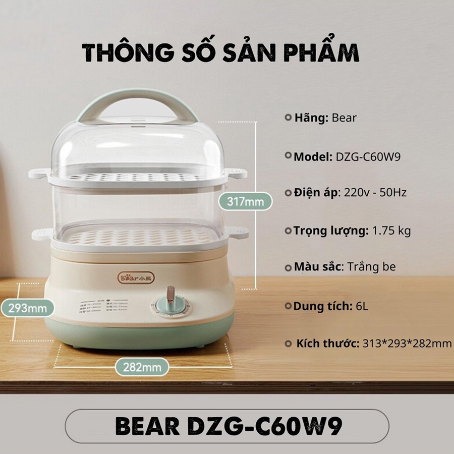 Nồi hấp điện 3 tầng Bear 12L khay hấp Inox, Nồi hấp xôi, hấp bánh bao, hấp đồ ăn dặm cho bé – Hàng chính hãng
