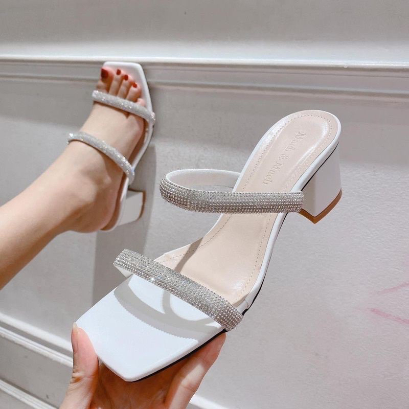GUỐC NỮ - DÉP QUAI NGANG THỜI TRANG ĐÍNH ĐÁ - GIÀY CAO GÓT ĐẾ VUÔNG 5F L152