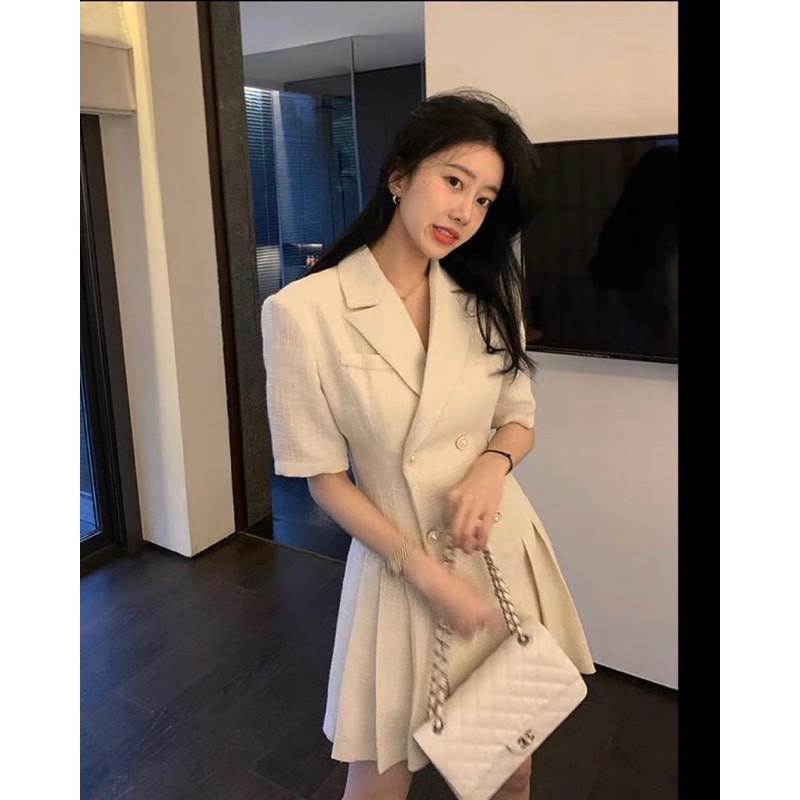 Đầm Xoè Cổ Vest Xếp Ly - Phong Cách Công Sở