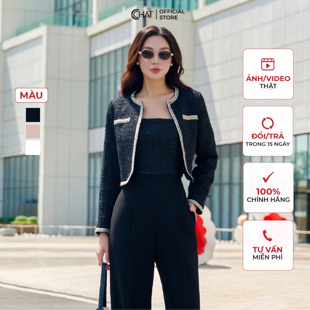 Áo Khoác Nữ 𝐂𝐂𝐇𝐀𝐓 Dáng Suông Kèm Áo Quây Chất Dạ Tweed Cao Cấp Thanh Lịch 23EHZ8002ST
