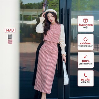 Set đồ nữ 𝐂𝐂𝐇𝐀𝐓 áo kiểu phối tay chân váy dáng suông dài chất dạ tweed thanh lịch 23bdz8005at