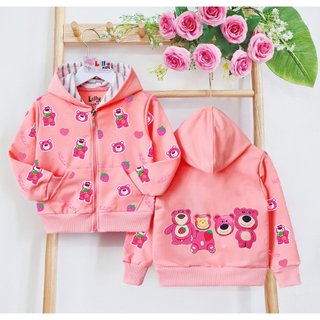  Áo khoác chống nắng có nón cho bé gái hình Gấu dâu lotso từ 12-40kg chất da cá mịn mát