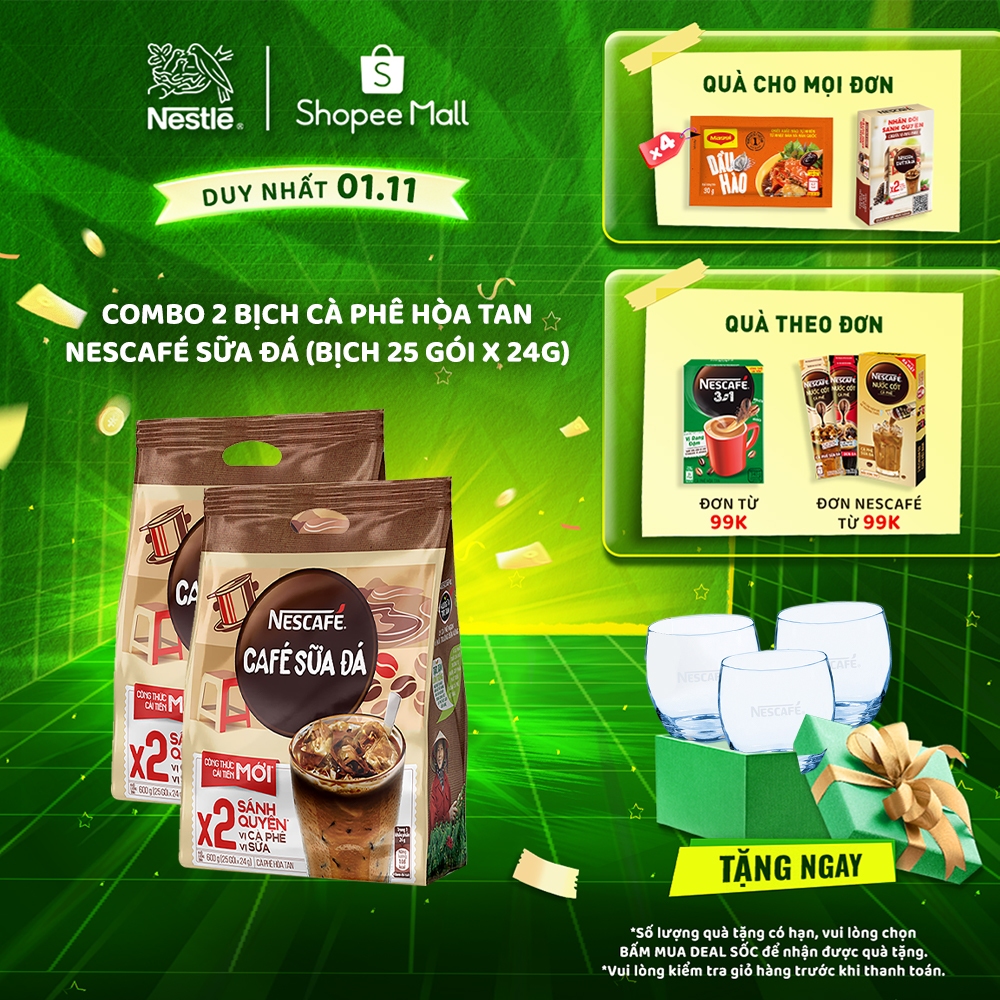 [TẶNG Set 3 Ly Thủy Tinh Collin] Combo 2 Bịch cà phê sữa hoà tan NESCAFÉ (2x25x24)