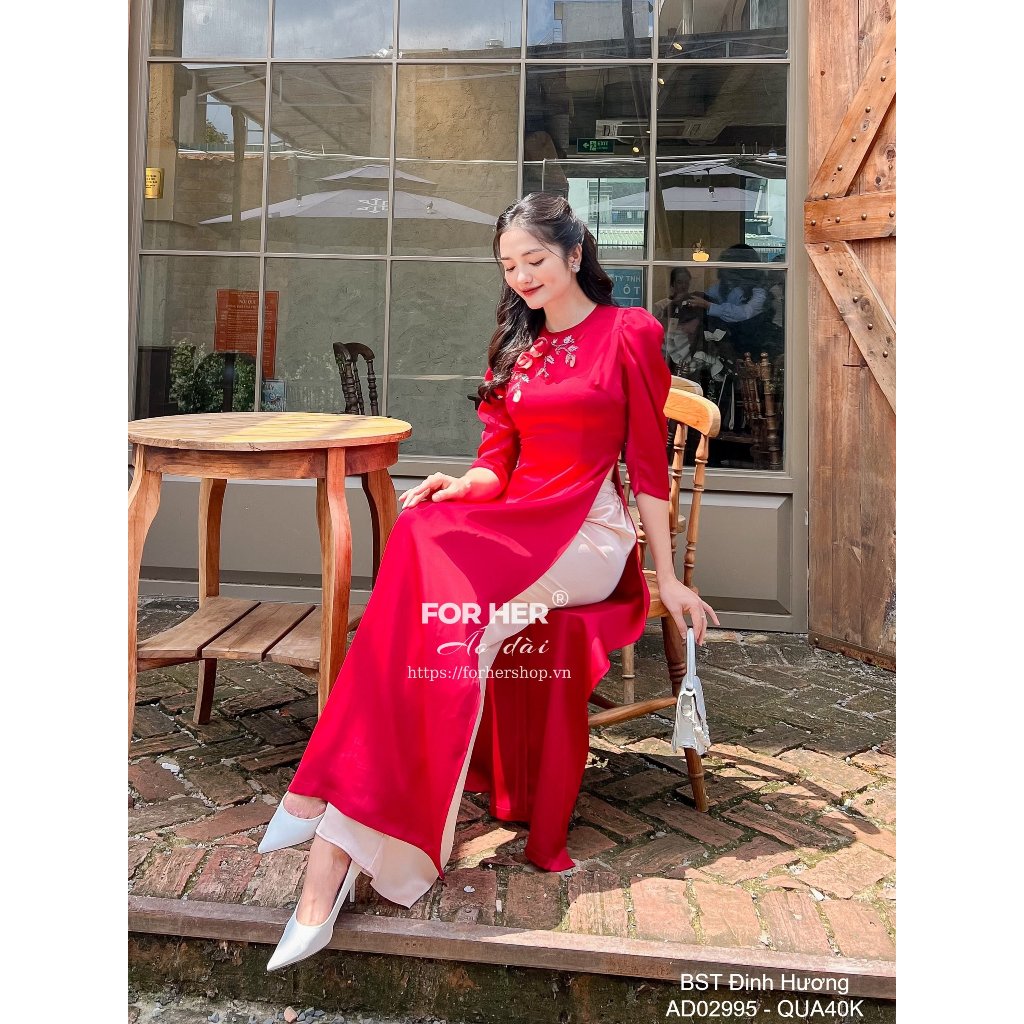 Áo dài FOR HER Đinh Hương kết cườm đỏ AD02995