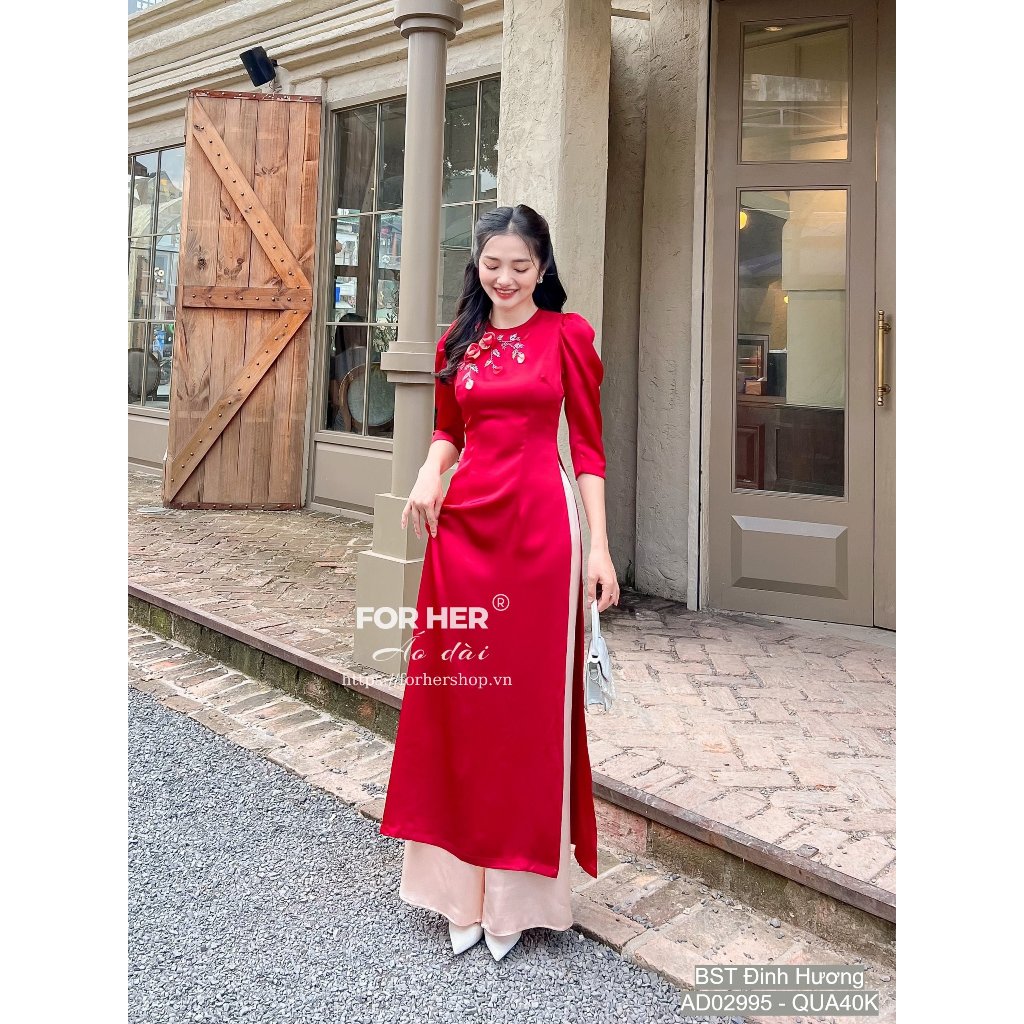 Áo dài FOR HER Đinh Hương kết cườm đỏ AD02995