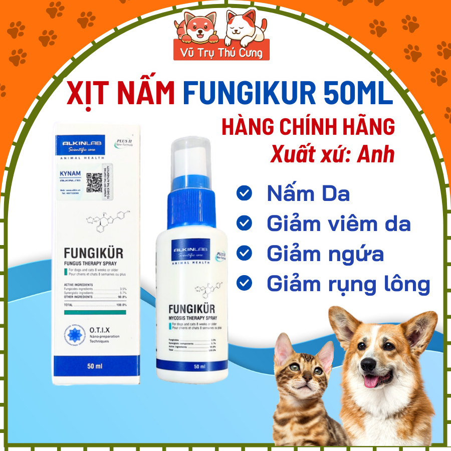 Dung dịch xịt FUNGIKUR ALKINLAB cho Chó Mèo 50ml| Dung dịch xịt nấm da, viêm da cho Chó Mèo
