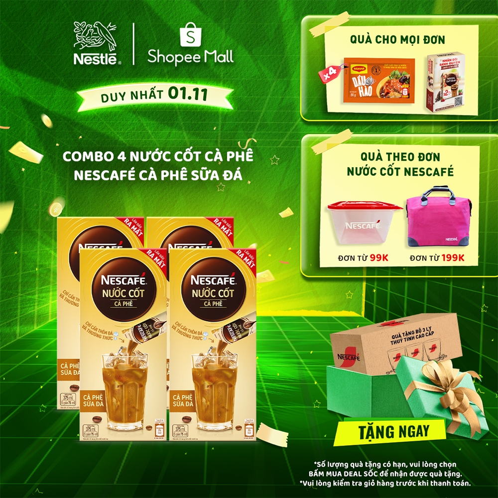 [TẶNG 3 LY THUỶ TINH] Combo 4 hộp nước cốt cà phê NESCAFÉ - CÀ PHÊ SỮA ĐÁ (4 hộp x 5 gói)