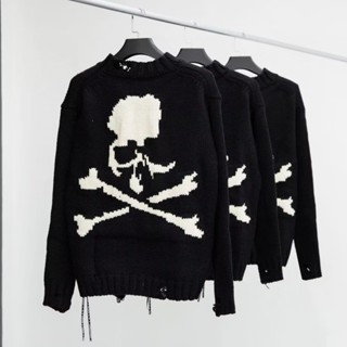 Áo sweater len nam nữ Mastermind dệt hình xương đầu lâu trắng mặt sau phối rách ống dáng boy phố AN33P