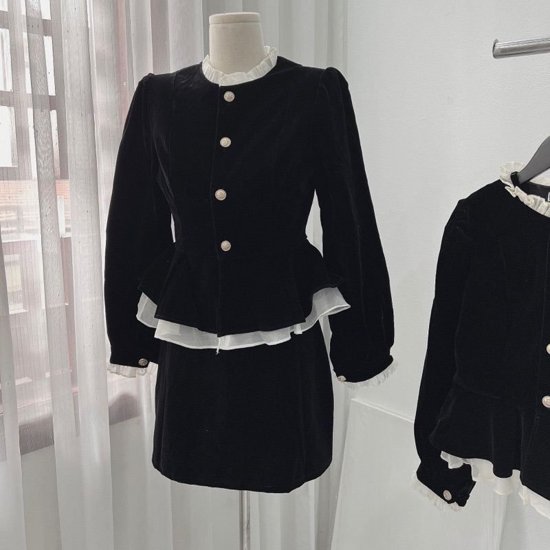 Set Áo Nhung Peplum Phối Tơ Mix Chân Váy Nhung Chữ A Hàng 2 Lớp Dày Dặn Có Độn Vai Siêu Xinh QC CC MS 13