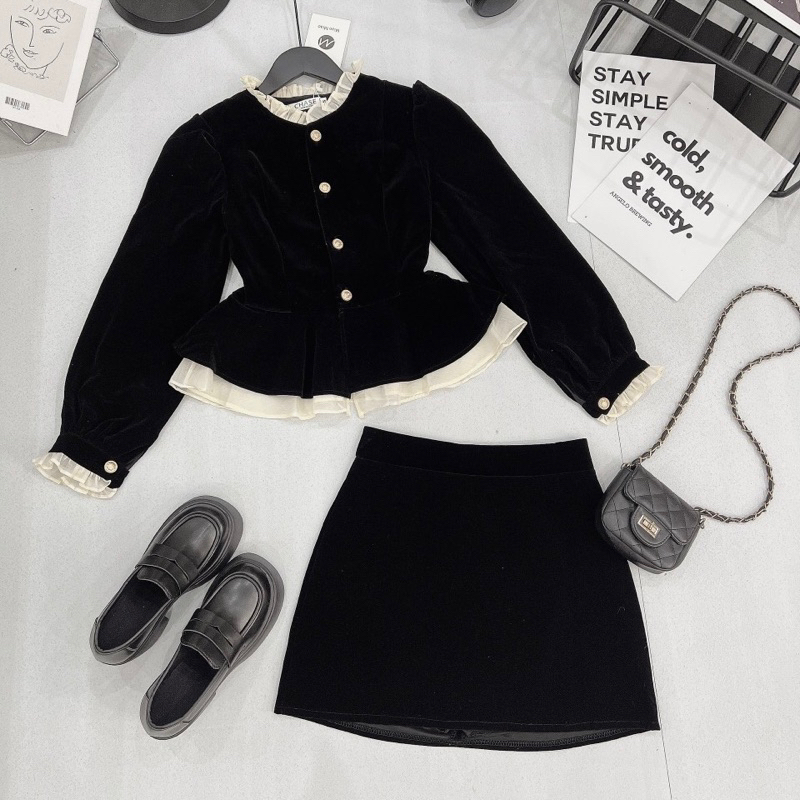 Set Áo Nhung Peplum Phối Tơ Mix Chân Váy Nhung Chữ A Hàng 2 Lớp Dày Dặn Có Độn Vai Siêu Xinh QC CC MS 13