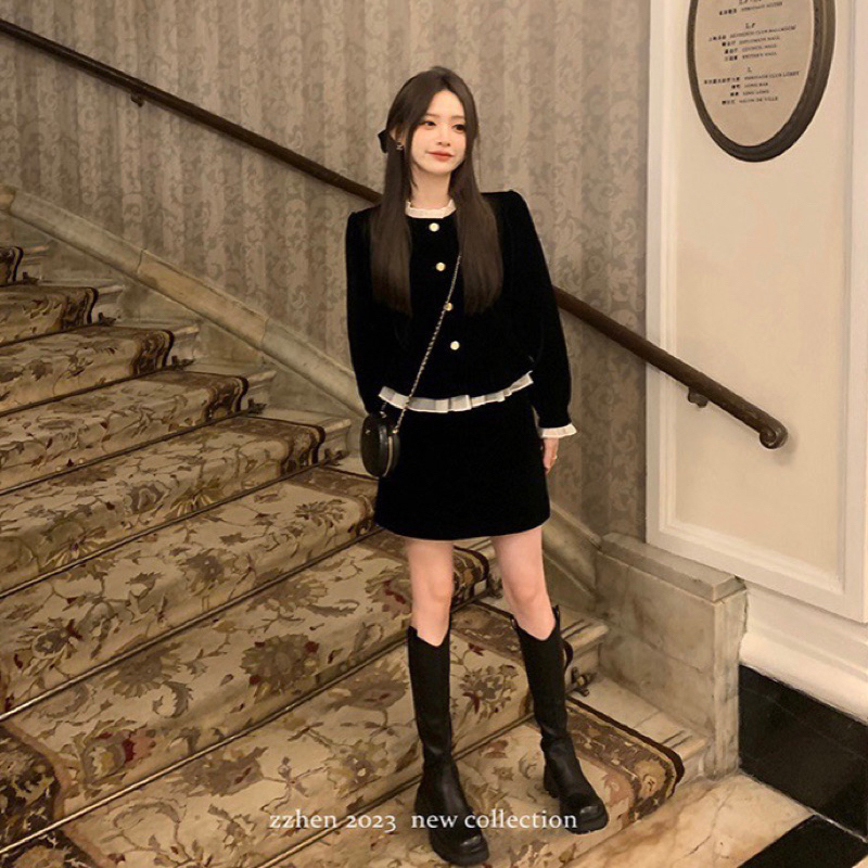 Set Áo Nhung Peplum Phối Tơ Mix Chân Váy Nhung Chữ A Hàng 2 Lớp Dày Dặn Có Độn Vai Siêu Xinh QC CC MS 13