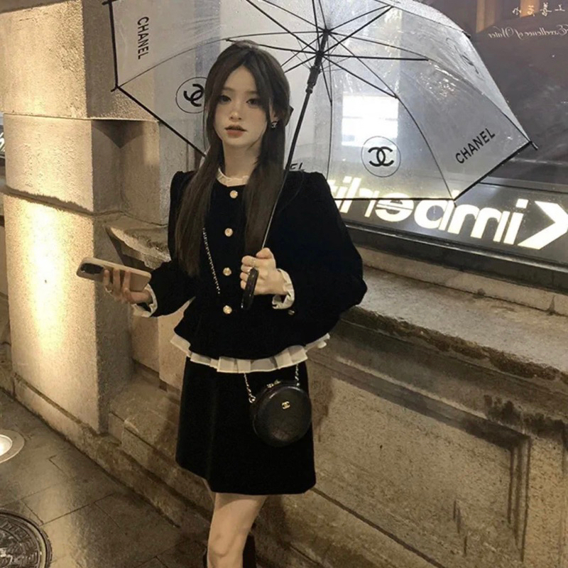 Set Áo Nhung Peplum Phối Tơ Mix Chân Váy Nhung Chữ A Hàng 2 Lớp Dày Dặn Có Độn Vai Siêu Xinh QC CC MS 13