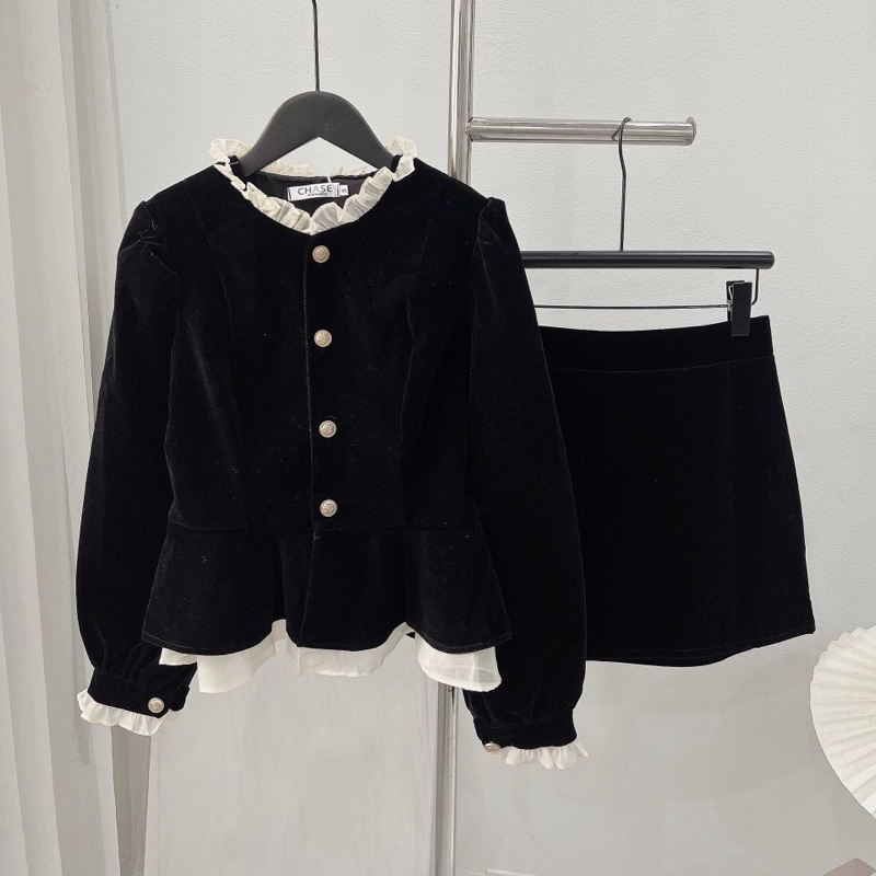 Set Áo Nhung Peplum Phối Tơ Mix Chân Váy Nhung Chữ A Hàng 2 Lớp Dày Dặn Có Độn Vai Siêu Xinh QC CC MS 13