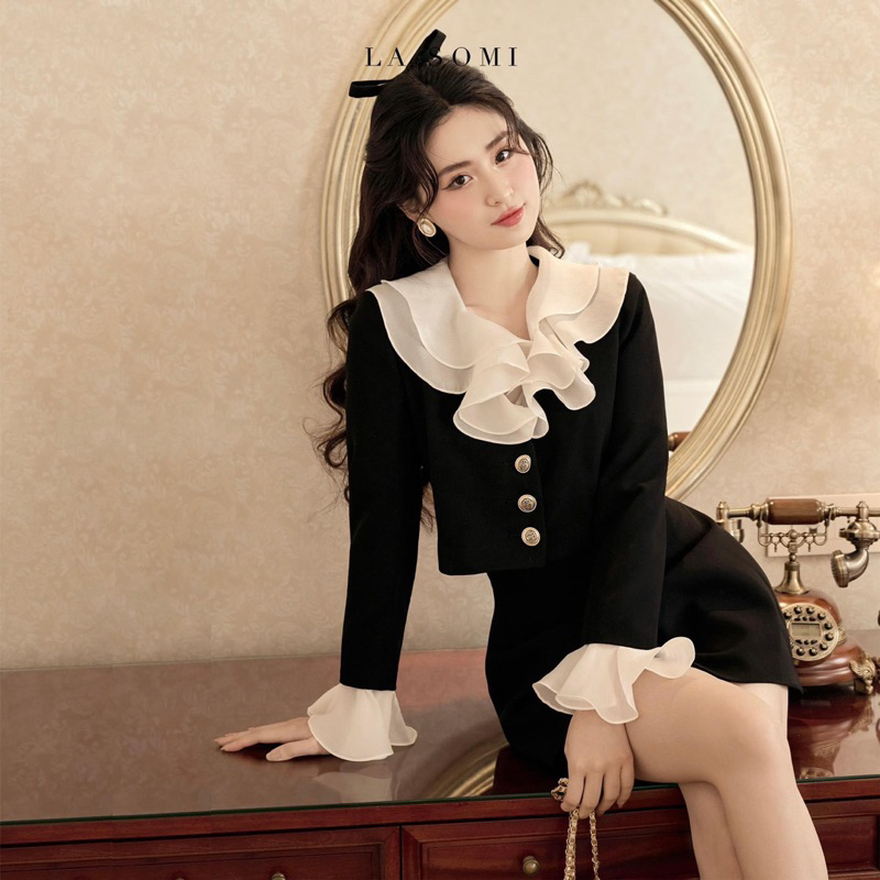 Set Dạ Cổ Bèo Tay Loe Mix Chân Váy Chữ A Hàng 2 Lớp ,Set Áo Sơmi tiểu thư Khuy Ngọc Tay Dài Mix Chân Váy MS 09