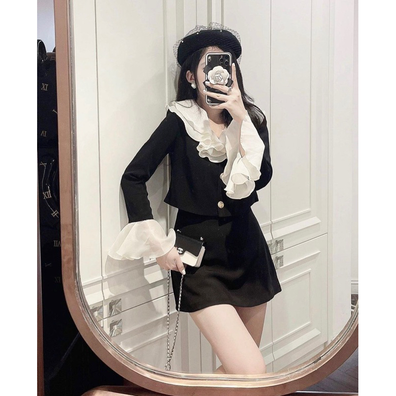 Set Dạ Cổ Bèo Tay Loe Mix Chân Váy Chữ A Hàng 2 Lớp ,Set Áo Sơmi tiểu thư Khuy Ngọc Tay Dài Mix Chân Váy MS 09