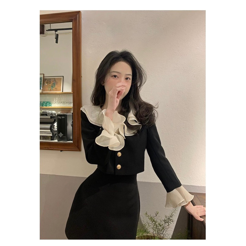 Set Dạ Cổ Bèo Tay Loe Mix Chân Váy Chữ A Hàng 2 Lớp ,Set Áo Sơmi tiểu thư Khuy Ngọc Tay Dài Mix Chân Váy MS 09