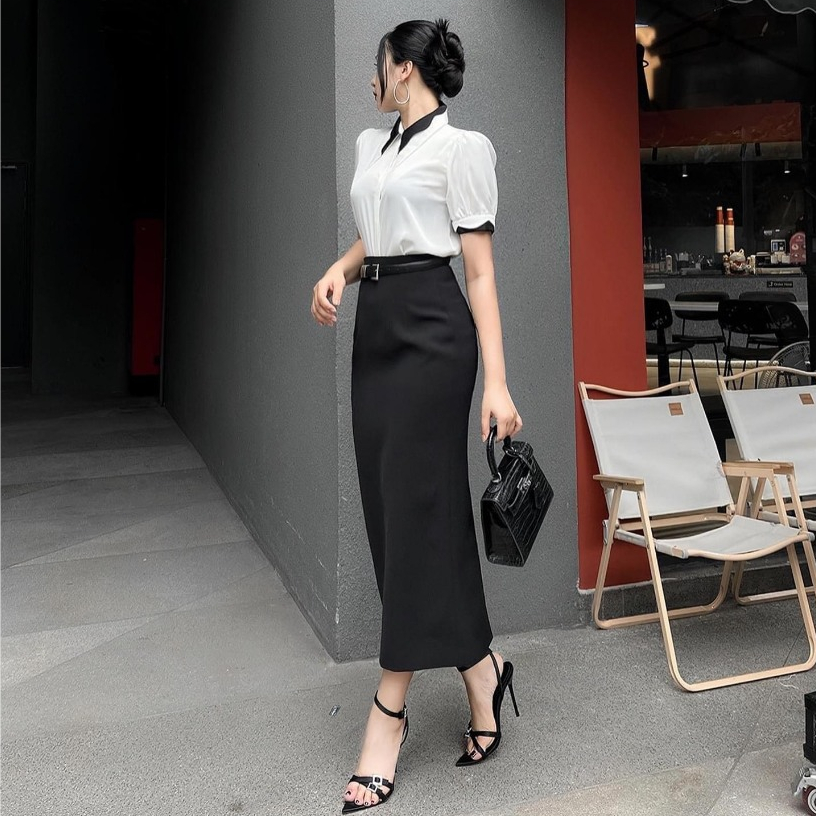 Chân váy bút chì xuông Nahi.vn dài 80cm sẻ sau có đỉa thắt đai lưng NH31