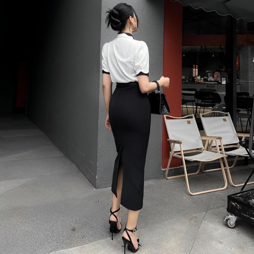 Chân váy bút chì xuông Nahi.vn dài 80cm sẻ sau có đỉa thắt đai lưng NH31