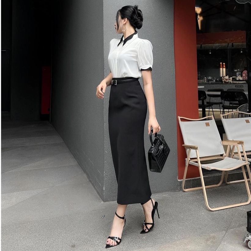 Chân váy bút chì xuông Nahi.vn dài 80cm sẻ sau có đỉa thắt đai lưng NH31