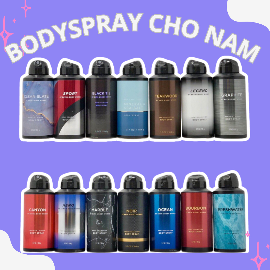 Xịt thơm toàn thân nam Bodyspray Bath & Body Works nhiều mùi.