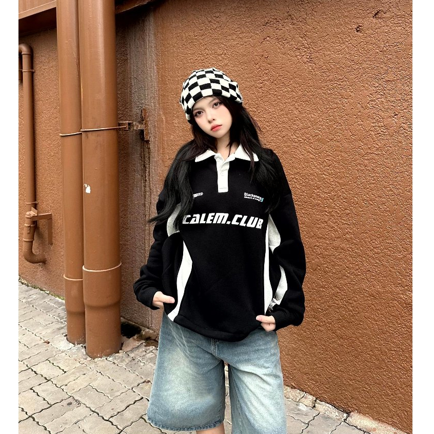 Calem Club - Áo Polo Tay dài nỉ lót bông phối màu dây rút form BOXY