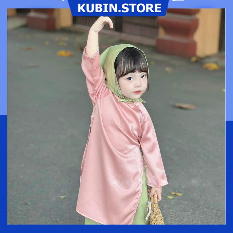 Sét áo dài lụa hồng kèm khăn cho  bé gái size từ 9 kg -30 kg