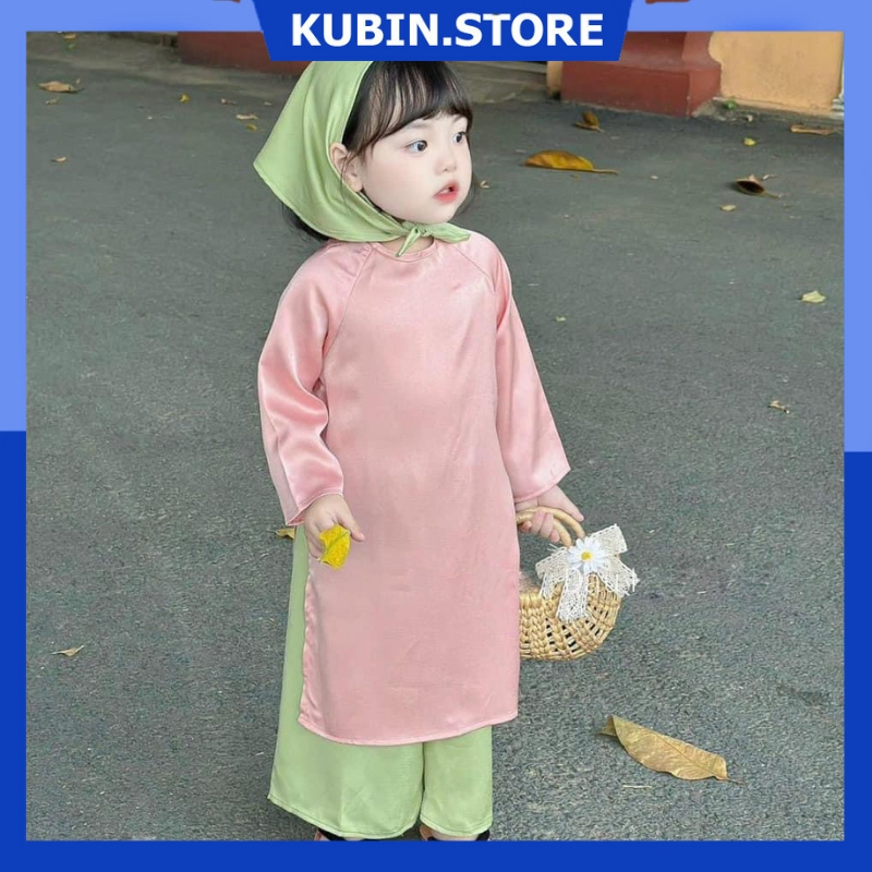Sét áo dài lụa hồng kèm khăn cho  bé gái size từ 9 kg -30 kg