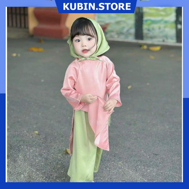 Sét áo dài lụa hồng kèm khăn cho  bé gái size từ 9 kg -30 kg
