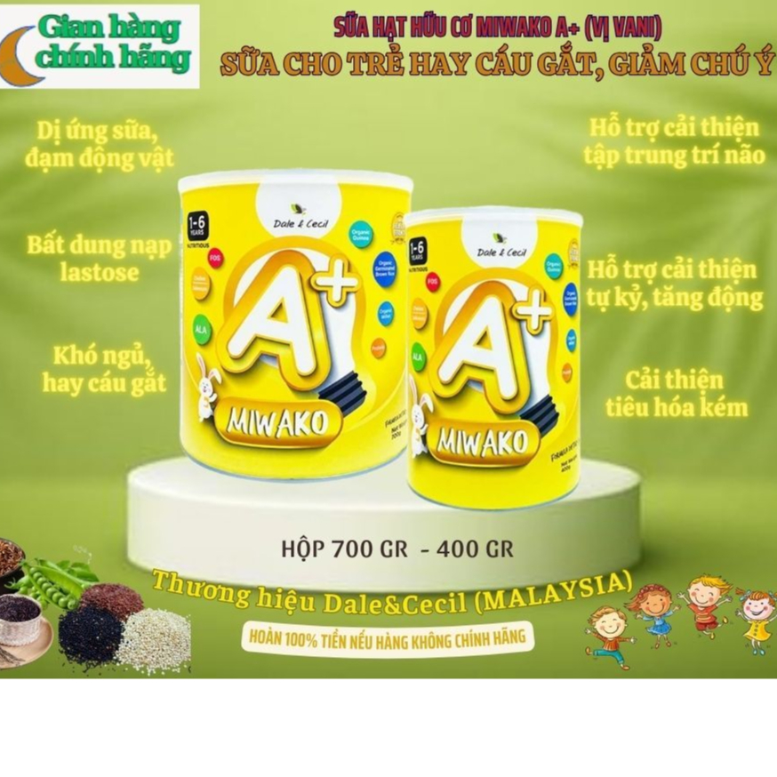Sữa hạt hữu cơ cải thiện tình trạng chậm nói, dị ứng đạm sữa Miwako A+ (Vị Vani) NK từ Malaysia, cho trẻ từ 1-6 tuổi