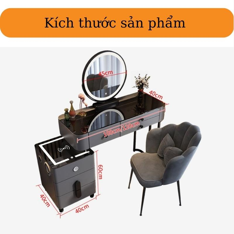Bàn Phấn, Bàn Trang Điểm Thông Minh nhập khẩu,Sạc Không Dây Gương Led Cảm Ứng 3 màu, Loa Bluetooth, 2 Cổng USB T03