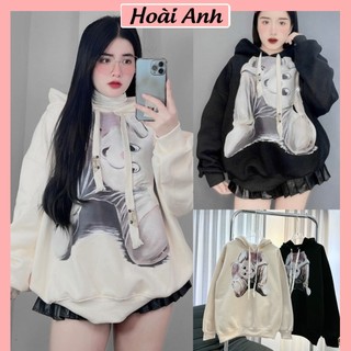 Áo hoodie nỉ thỏ hot form thụng giấu quần áo nỉ nữ có mũ in thỏ dài tay freesize form rộng dấu quần