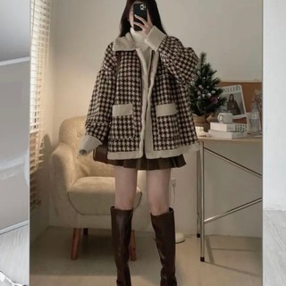 Áo khoác, áo khoác dạ nữ caro nỉ lót lông siêu dày ấm phong cách hàn quốc