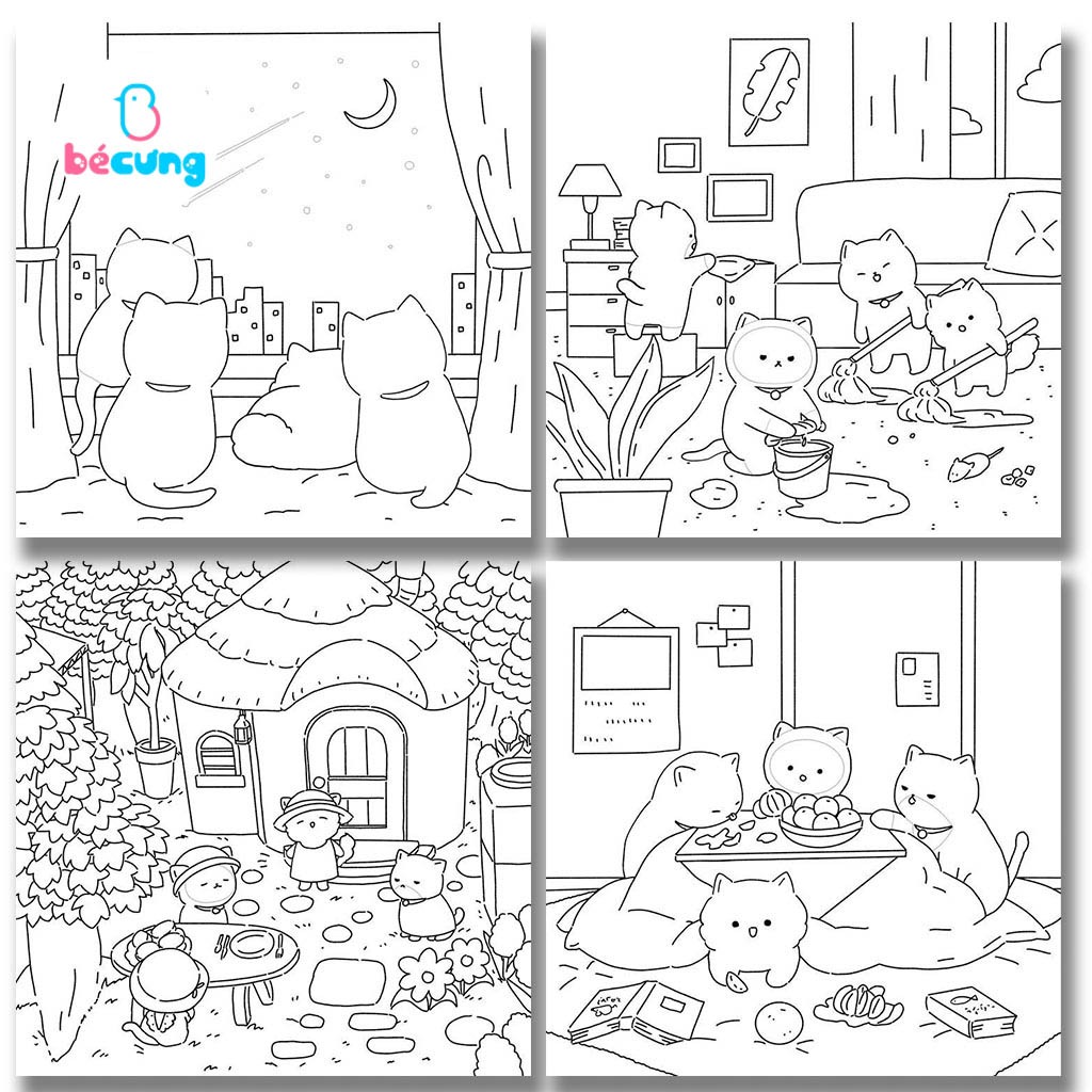 Tranh Tô Màu ''Gia Đình Mèo'' Chất Giấy Dày Đẹp - Hình in Sắc Nét MS0001