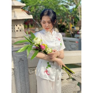 Đồ lam đi chùa mẫu cá ngọc lụa satin