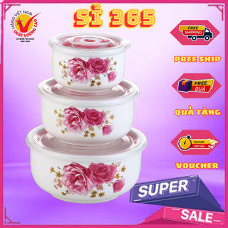 Combo 3 thố sứ có nắp silicon cao cấp - hoạ tiết bắt mắt - chất liệu sứ cao cấp
