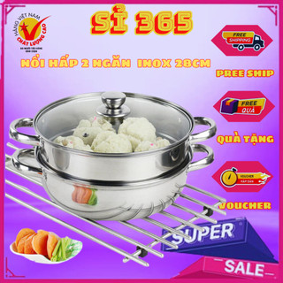 Nồi hấp cách thủy đa năng/ nồi lẩu kiêm nồi hấp 2 tầng inox , bộ nồi xửng hấp inox cook 28cm nắp kính